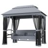 3-Seat Patio Swing Chair with Double Tier Canopy, Porch Swing Chair with Stand, Mesh Sidewalls, Cushioned Seat and Pillows, Gray