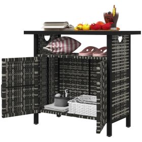 Outdoor Pool Towel Storage Cabinet Organizer, Pool Towel Holder with Shelf and Cabinet, Pool Valet with Weather-Resistant PE Rattan and Steel Frame,