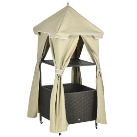 Towel Valet Caddy Beige Rolling PE Rattan Wicker Storage on Wheels Covered Poolside Towel Holder with Shelf Basket