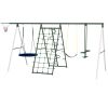 Metal Swing Set with Saucer, Basketball Hoop, Seat Swing, Glider, Climbing Net, Outdoor Backyard Fun