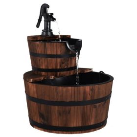 Rustic 2-Tier Barrel Water Fountain with Hand Pump, Wooden Fir Outdoor Fountain for Patio Garden