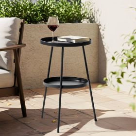 2-Tier Round Metal Side Table, 12.6" Small End Table with Double Tray Storage, Modern Black Accent Table with Adjustable Feet, Indoor Outdoor Coffee