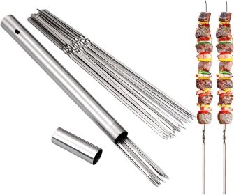 304 Stainless Steel 14.8" Long Flat Barbecue Skewers,20PCS/40PCS BBQ Kebab Skewers with Portable Metal Storage Tube,Reusable for Grilling Barbecue Ki