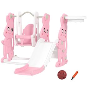 4 in 1 Toddler Slide and Swing Set with Climber, Basketball Hoop, Rabbit Themed Kids Playset for Ages 1.5-4, Pink