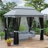 3-Seat Patio Swing Chair with Double Tier Canopy, Porch Swing Chair with Stand, Mesh Sidewalls, Cushioned Seat and Pillows, Gray
