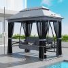 3-Seat Patio Swing Chair with Double Tier Canopy, Porch Swing Chair with Stand, Mesh Sidewalls, Cushioned Seat and Pillows, Gray